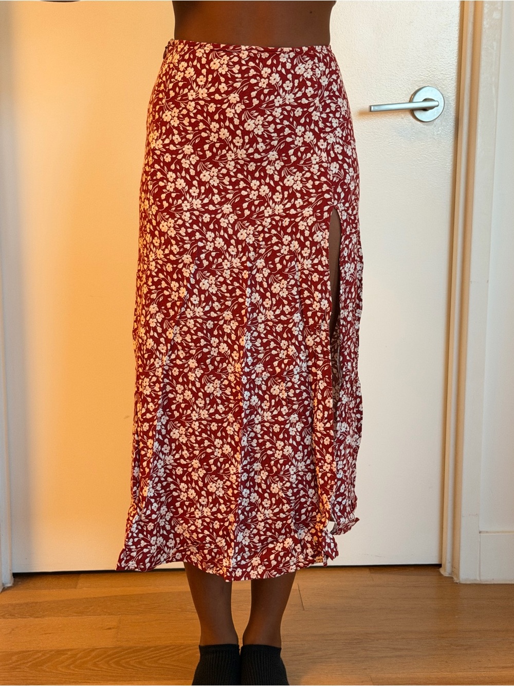 Reformation Red Floral Midi Skirt with Side Slit